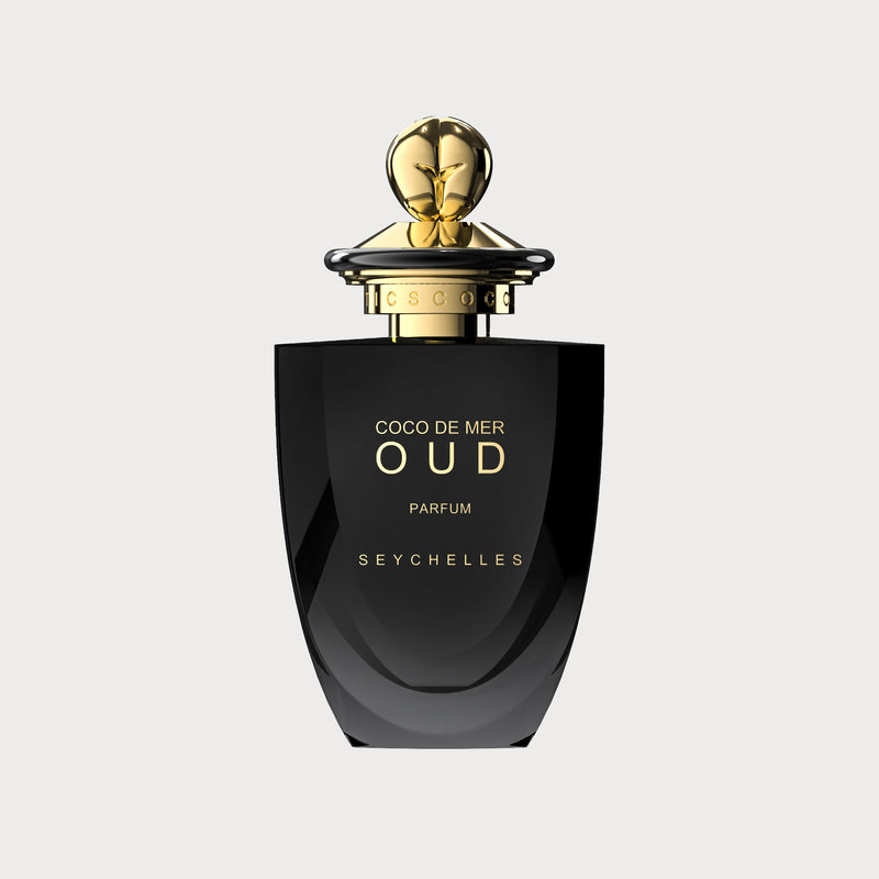 Coco de Mer OUD 75mL Full Size Bottle is black with an ornate gold cap