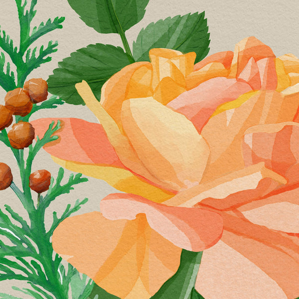 Watercolor orange rose with green foliage and berries, luxury fragrance botanical illustration