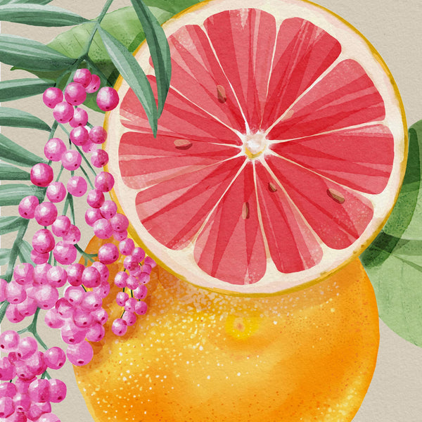 Watercolor grapefruit slice with pink berries and green leaves, evoking tropical luxury fragrance notes