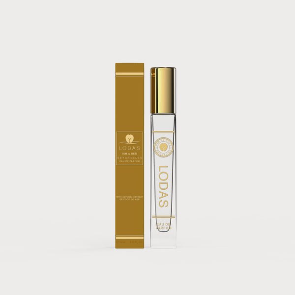 Lodas Seychelles Eau de Parfum with Coco de Mer extract, luxury fragrance in gold packaging