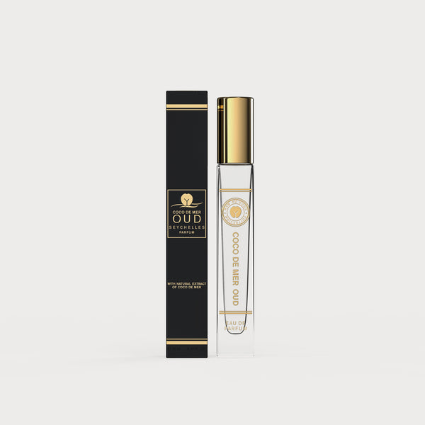 Coco de Mer Oud Seychelles Parfum bottle and box, luxury fragrance with natural extract, gold accents