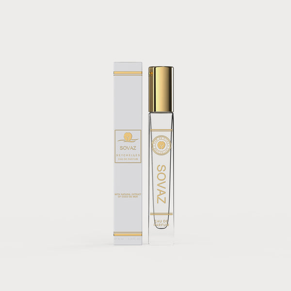 Sovaz Seychelles Eau de Parfum with natural Coco de Mer extract, luxury fragrance in clear bottle with gold cap