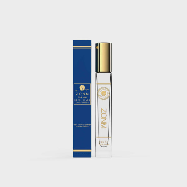 ZONM for Him Seychelles Eau de Parfum with Coco de Mer extract, luxury fragrance in clear bottle and blue box
