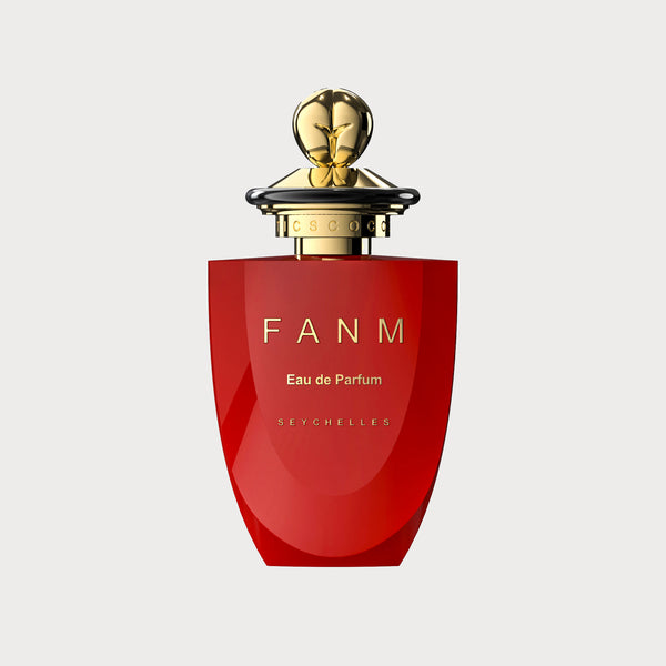Coco de Mer FANM in a red bottle with ornate gold cap
