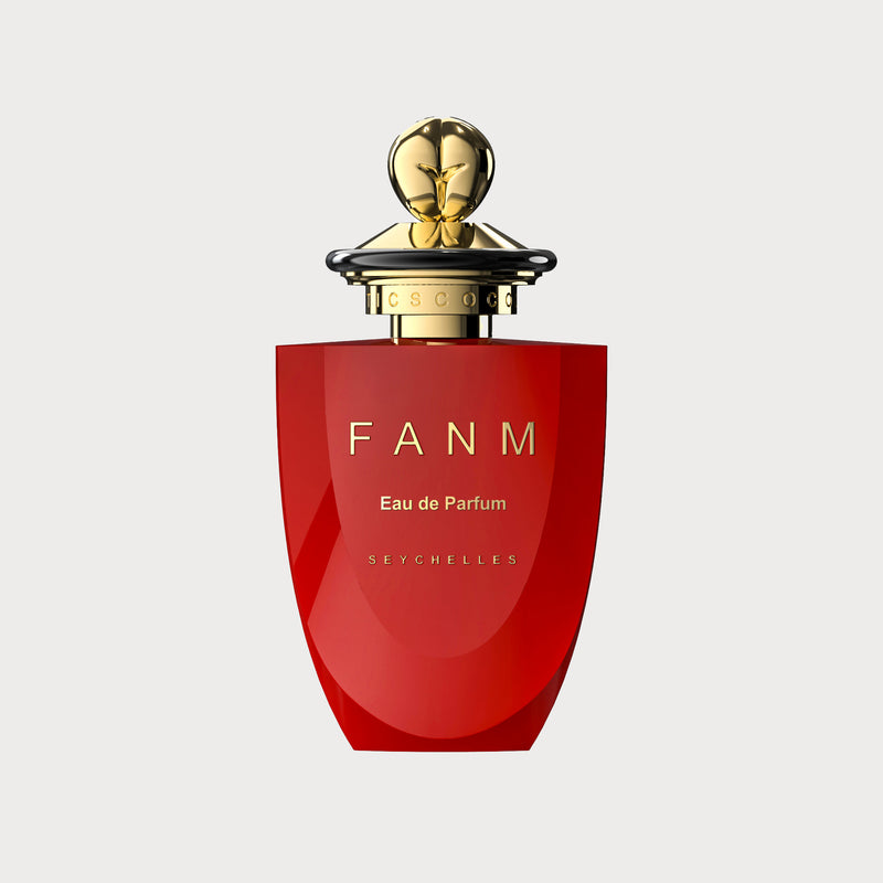 Coco de Mer FANM in a red bottle with ornate gold cap
